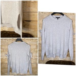 BCBG MAXAZRIA Gray Sweater cold shoulder w/ bow on sleeves hi/low side splits